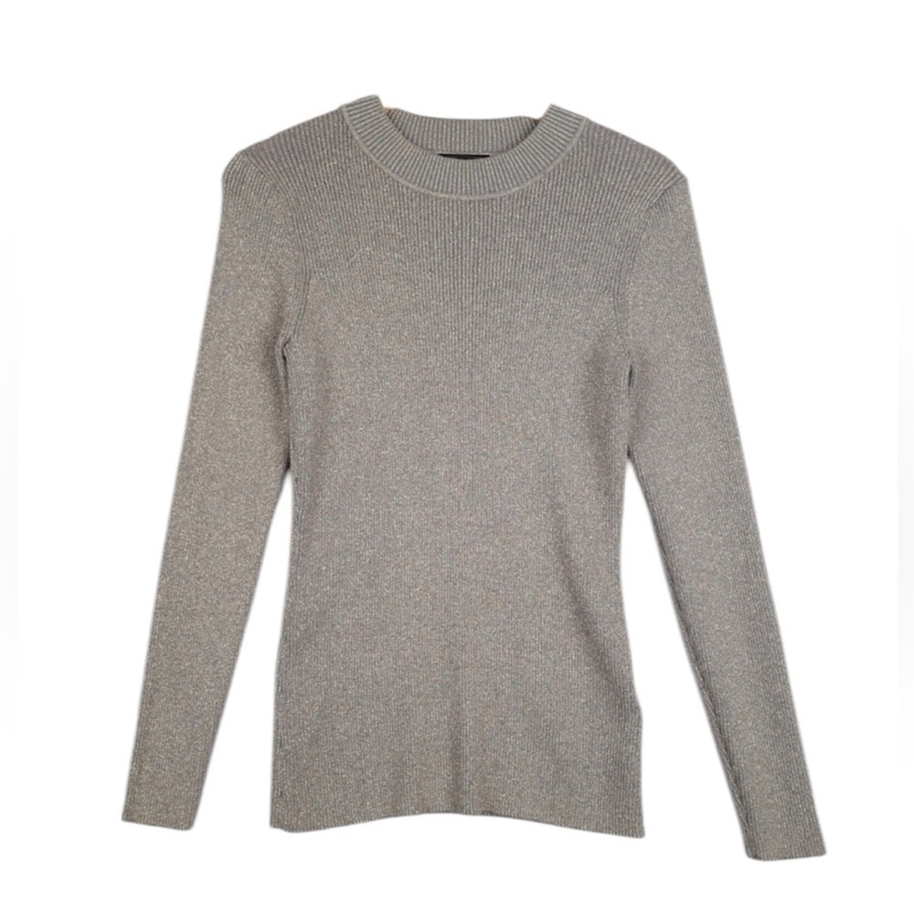 Ted Baker Top Womens 3 Gray Metallic Gold Ribbed Knit Mock Neck sweater